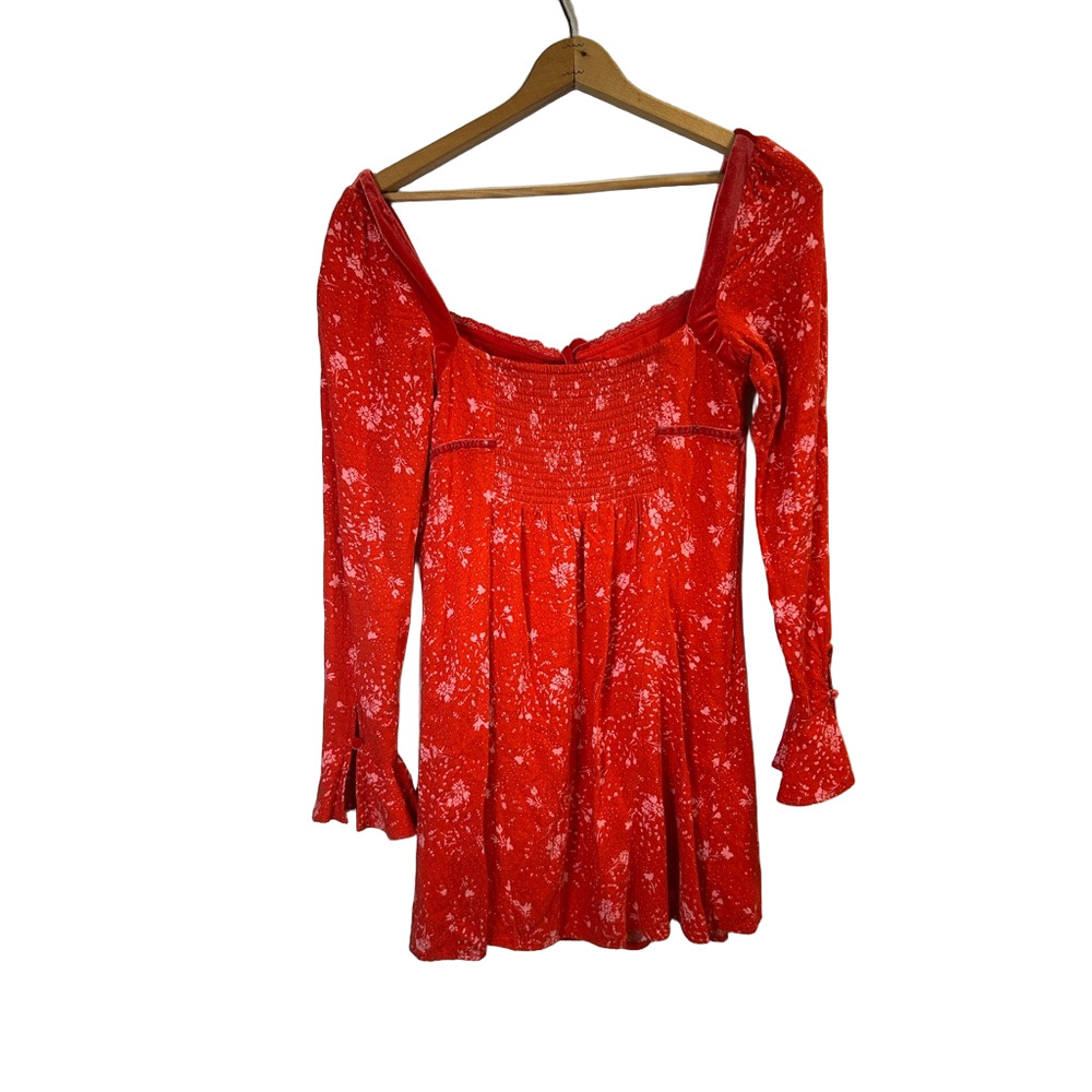 Free People Red Flutter Sleeve Smocked Blouse